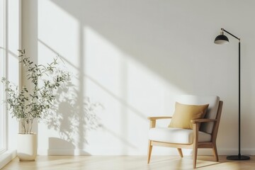 Fototapeta premium Bright minimalist living room featuring a wooden armchair, floor lamp, potted plant, and natural light streaming through large windows.