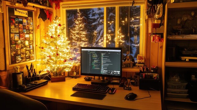 Cozy Home Office with Christmas Tree and Snowy View
