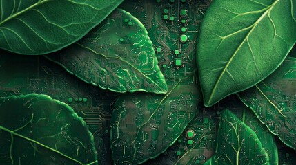 Fototapeta premium Eco-friendly circuit board design with lush green leaves, symbolizing the blend of technology and nature