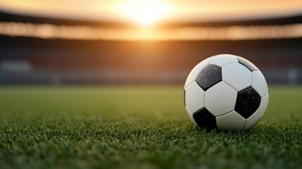 Fototapeta premium Soccer ball resting on grass in an empty stadium, glowing sunset in the background, symbolizing anticipation for a big match or tournament