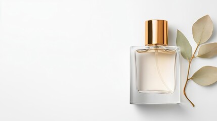 Stylish perfume bottle with a golden cap, accompanied by a delicate leaf, set against a clean white background, luxury fragrance product shot
