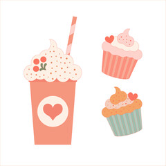 Cupcake and Milkshake with Heart Motif. A cute set of cupcakes and a milkshake decorated with hearts and whipped cream in soft pastel colors. Vector illustration