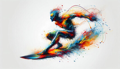 A surfer riding a wave, surrounded by swirling, colorful paint strokes, capturing the movement and energy of surfing in a vibrant artistic style