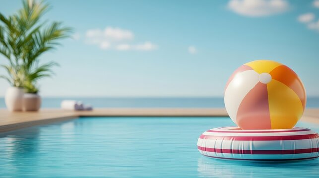 Vibrant pool scene with floating beach ball and striped inflatable, soft focus on summer atmosphere, perfect for vacation and leisure concepts