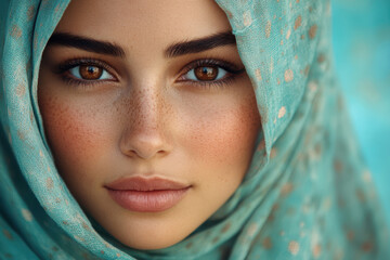 Fototapeta premium Portrait of a beautiful young woman wearing a hijab covering her face, a close-up photo portrait.
