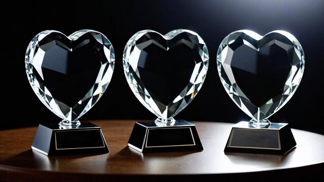A collection of Crystal Heart Blank Trophy Award Plaques Perfect for Customizing Color Print Memorial Gifts
