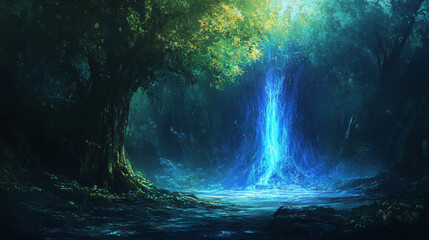 A forest that glows with an unnatural light, said to be a portal to another realm.