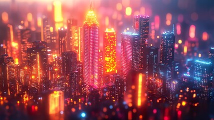 Abstract Cityscape with Geometric Buildings and Vibrant Lights