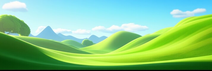 Obraz premium Green Hills and Blue Sky, a Cartoon Background of a Summer Landscape with Rolling Hills