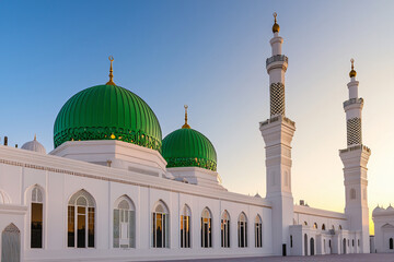 Obraz premium mosque at golden hour, green dome glowing