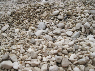 Macro view of gravel beach on the sun. Pebbles on the seaside. Close up of a stone on a sunny summer day.	
