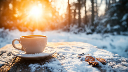 A white coffee cup with a saucer sits on a table covered in snow. The cup is filled with coffee and a few leaves are scattered around it. Concept of warmth and comfort, as the coffee