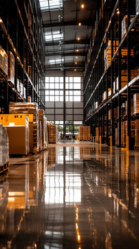 Warehouse interior with organized shelves