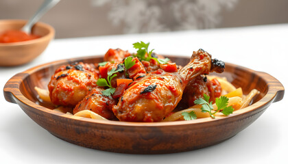Fototapeta premium Barbeque Chicken in Wooden Dish with Homemade Chilli Sauce and Garnish isolated with white highlights, png