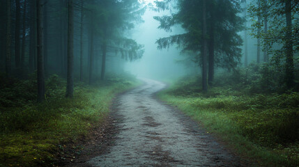 A forest path that disappears into a thick, dark mist.