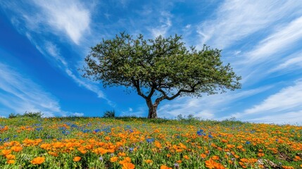 Vibrant Tree Amidst Colorful Wildflowers Under Blue Sky