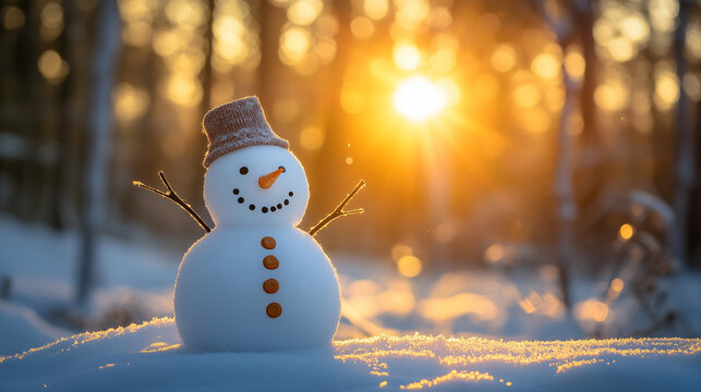 A snowman with a hat and carrot nose stands in the snow. The sun is shining on the snowman, creating a warm and cheerful atmosphere
