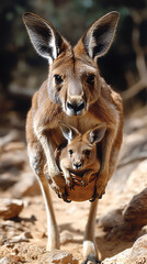 Fototapeta premium Mother kangaroo carrying baby joey.