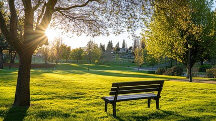 Naklejka premium Serene Park Landscape at Sunset with Empty Bench