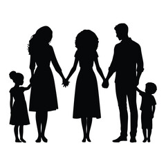 Silhouette of a black family holding handsets vector with white background
