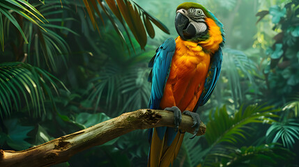 Vibrant Blue and Yellow Macaw Perched on a Branch.