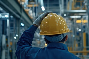 Worker adjusting their safety helmet in a manufacturing plant, preparing for the tasks ahead, personal safety, focus on protection and awareness