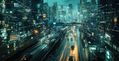 Fototapeta premium Innovative Connected World: Futuristic Streets Filled with Autonomous Vehicles and Smart Technology