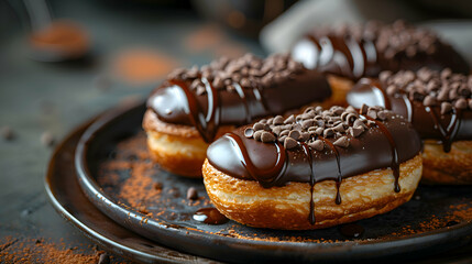 A plate of classic chocolate eclairs with a glossy chocolate glaze