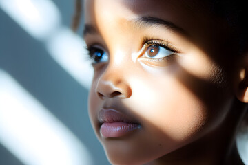 A minimalist photograph captures a young Black girl’s serene expression, illuminated softly by sunlight casting gentle shadows on her face