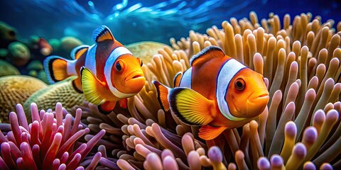 Vibrant Underwater Scene with Two Clown Fish in Colorful Anemone, Coral Reef Ecosystem, Marine Life Photography, Aquatic Beauty, Ocean Wonders, Tropical Fish, Nature Close-Up