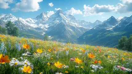 Fototapeta premium Stunning Alpine Meadow with Wildflowers and Snow-Capped Peaks