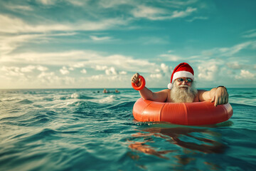 A man in a Santa hat is riding a red inflatable raft in the ocean