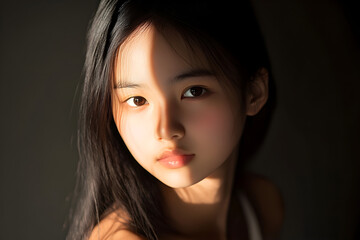 A minimalist portrait of an Asian girl with soft features illuminated by gentle light, conveying a serene and introspective mood