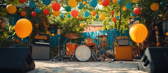 A drum set is setup under a canopy of colorful lanterns for an outdoor music event.