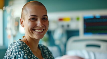 Happy young woman smiling and feeling recovered after getting an emergency surgery at the hospital