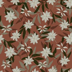 White magnolia flowers with soft petals seamless pattern , surrounded by lush leaves. The design has a natural elegant look, perfect for textiles, fabric or wallpaper, terracotta background