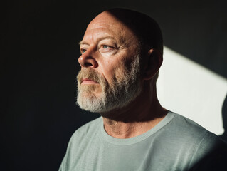 Obraz premium Mature bearded man in sunlight with a reflective expression, wearing a gray t-shirt