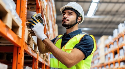 Warehouse Worker in Safety Gear Conducting Inventory Check in Modern Warehouse Environment