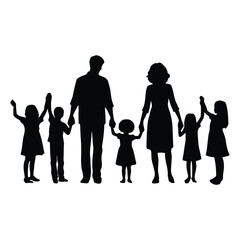 Silhouette of a black family holding handsets vector with white background
