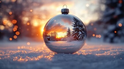 Obraz premium Frosty Ornament Reflecting Winter Wonderland at Sunset with Snowy Landscape