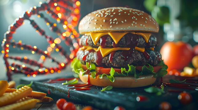 Junk Food Gene or fat mass and obesity associated genetics or FTO as a Fast-food concept with a DNA strand representing genetics and unhealthy eating
