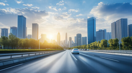 Bright Daytime Scene Featuring a High-Tech Autonomous Car on a Clear Road, Emphasizing Innovative Assisted Driving Technology with a Vibrant Blue Sky and Fluffy Clouds