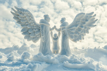 A snow angel sculpture of three angels holding a child