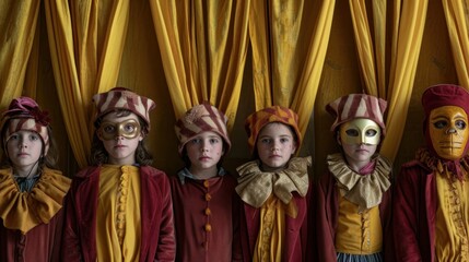 Fototapeta premium Children in masks and hats stand in front of a yellow curtain