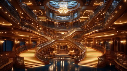 Obraz premium Luxurious grand staircase with ornate details and a chandelier in a palatial setting.