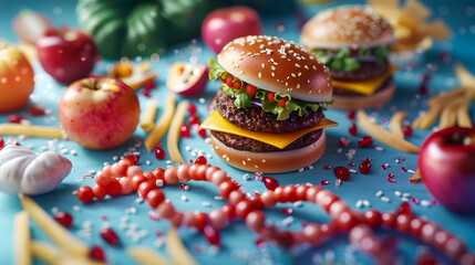 Obraz premium Junk Food Gene or fat mass and obesity associated genetics or FTO as a Fast-food concept with a DNA strand representing genetics and unhealthy eating