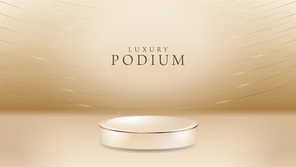 product podium with sparkle golden curve lines bokeh blur realistic design vector illustration