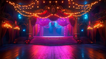 Vibrant Circus Ringmaster Stage with Lights and Curtains