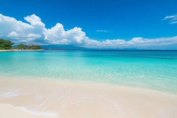 Fototapeta premium A beautiful beach with a clear blue ocean and a few clouds in the sky