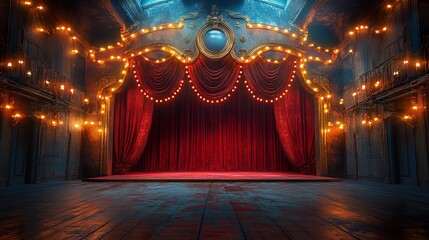 Circus Ringmaster Stage with Vibrant Lights and Curtains